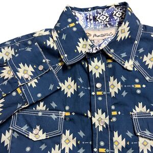Montana Co. Kids Western Geometric Print Snap Pearl Button Shirt Size M Blue